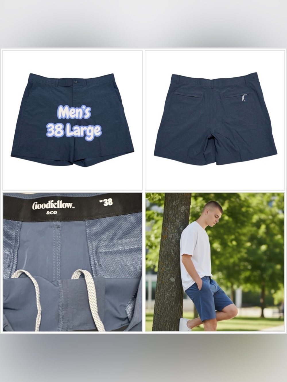 Mens Goodfellow 38 Large Khakis Chino Navy Blu Shorts Hybrid Casual Stretch Golf